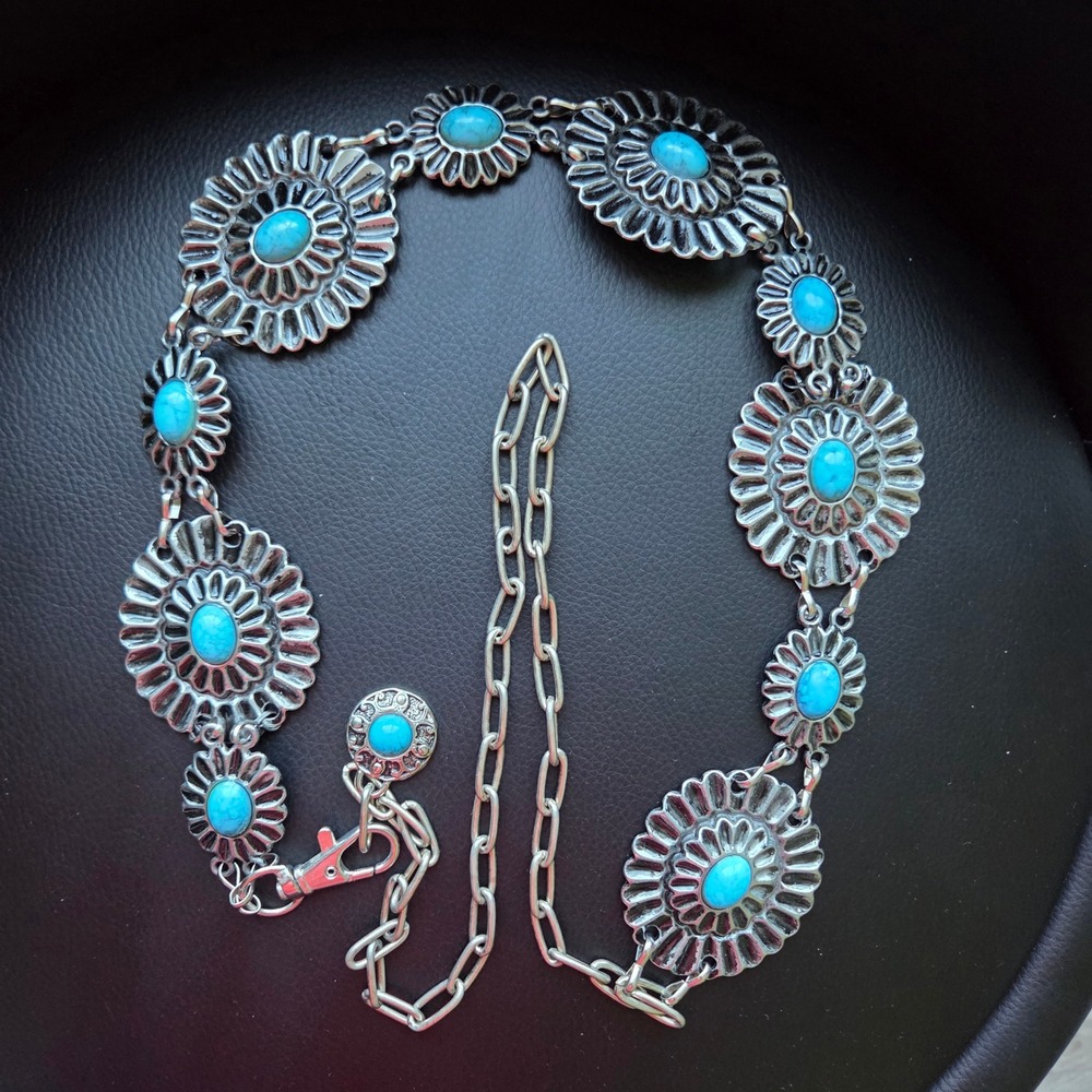 Southwestern Floral Faux Turquoise Concho Chain Belt Silver Tone Adjustable 42"